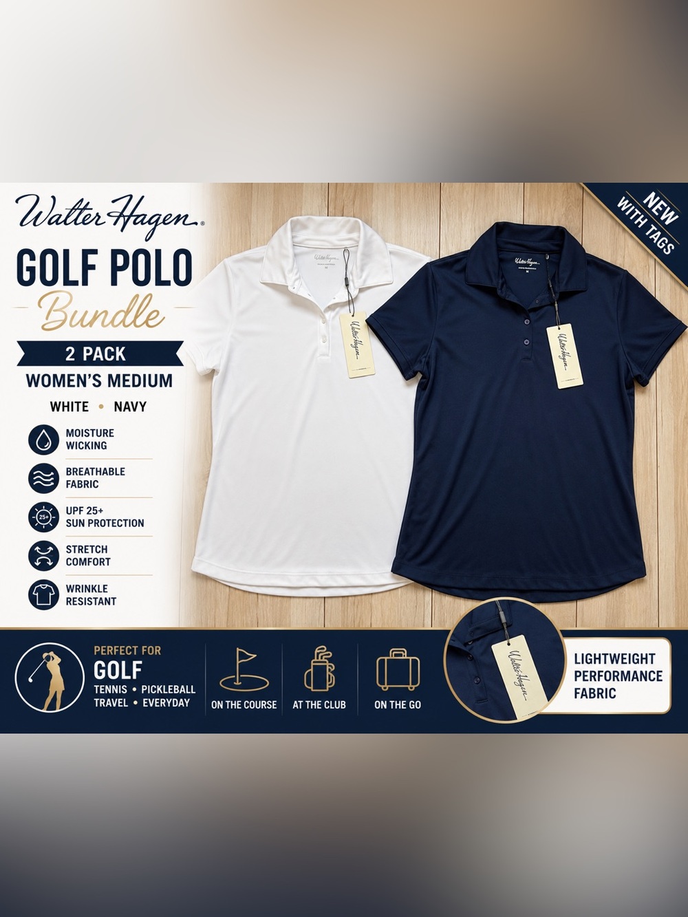 2 Pack Walter Hagen Women’s Golf Polo Shirts Medium White Navy NWT UPF 25+